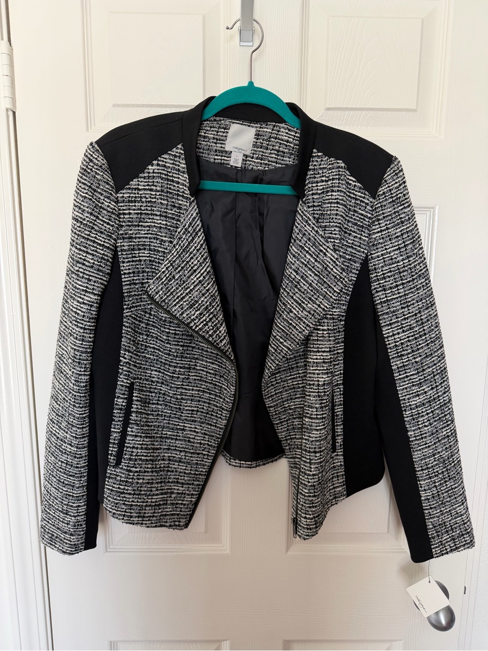 Halogen Black and White Tweed Open-Front Blazer with Asymmetrical zipper, size L